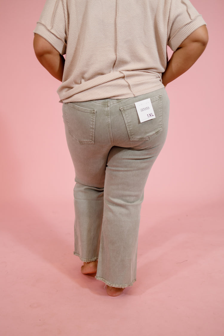 Curvy Z Acid Wash Crop Flare Jeans, Lt Olive Jaxe + Grace Boutique