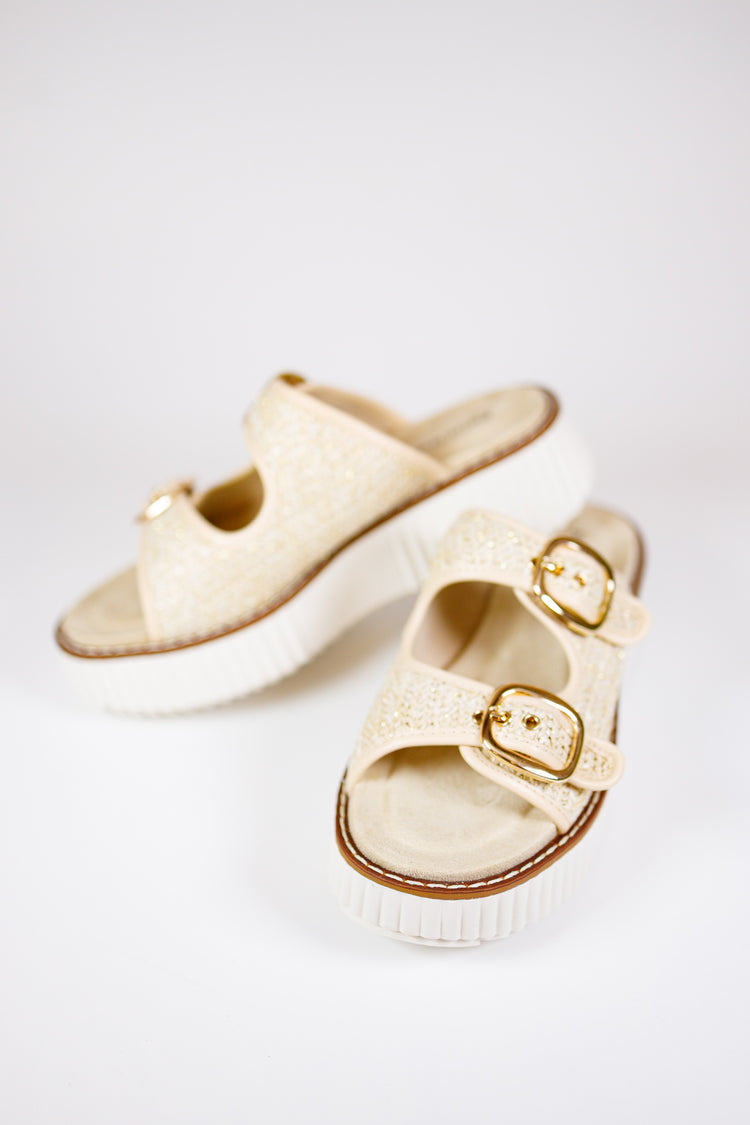 Gold Woven Platform Buckle Sandals