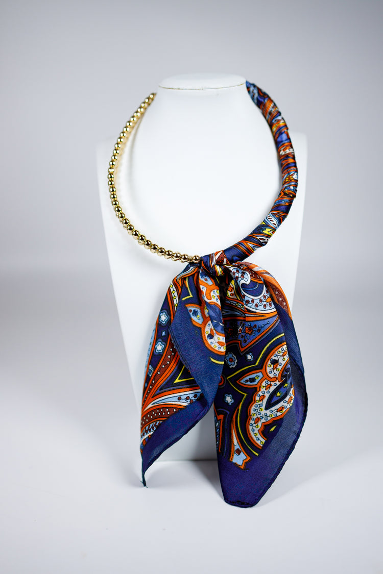 Navy Pattern & Gold Ball Scarf Necklace Jaxe + Grace Boutique