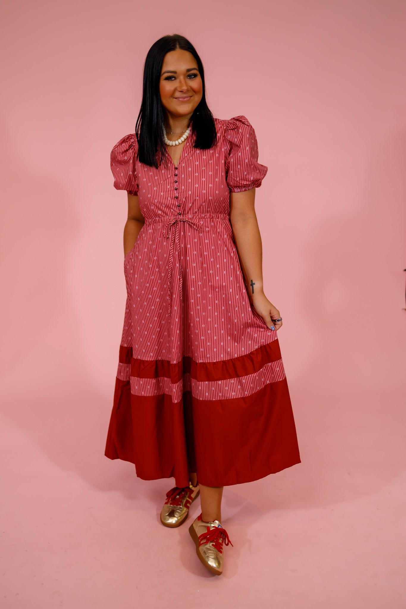 Burgundy Stripe and Dot Puff Sleeve Midi Dress Large