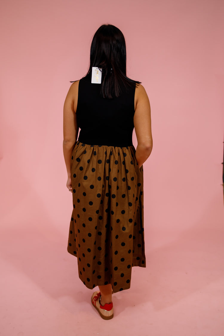 Toffee Polka Dot Mock Neck Midi Dress Jaxe + Grace Boutique