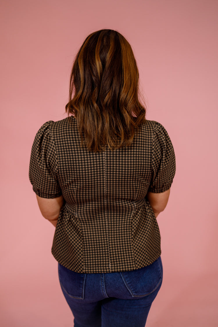 Brown Gingham Puff Sleeve Peplum Top Jaxe + Grace Boutique