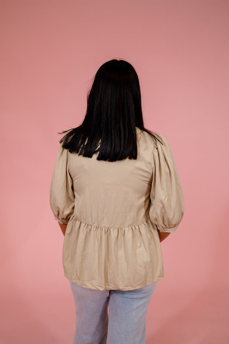 Taupe 3/4 Sleeve Gold Button Top Jaxe + Grace Boutique