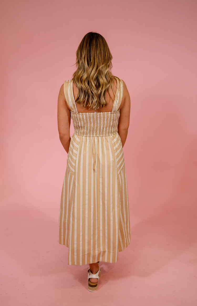 Taupe Striped A-Line Midi Dress Jaxe + Grace Boutique