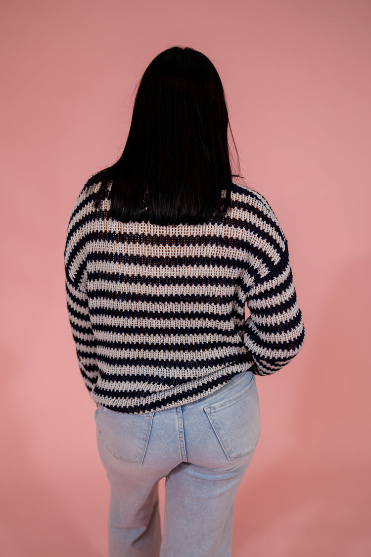 Navy Stripe Raw Edge Knit Sweater Jaxe + Grace Boutique
