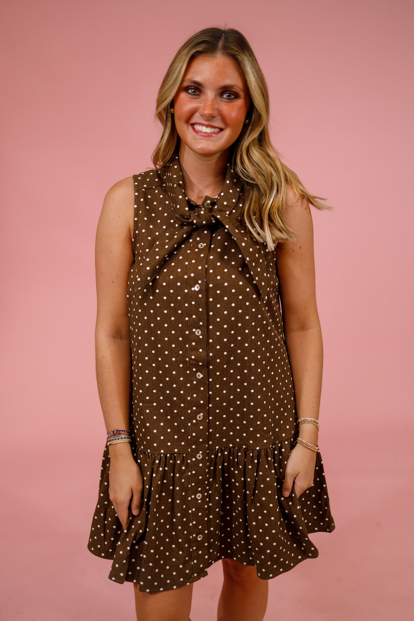 brown peplum dress Polka Dot Neck Tie Mini – Jaxe + Grace Boutique Strapless