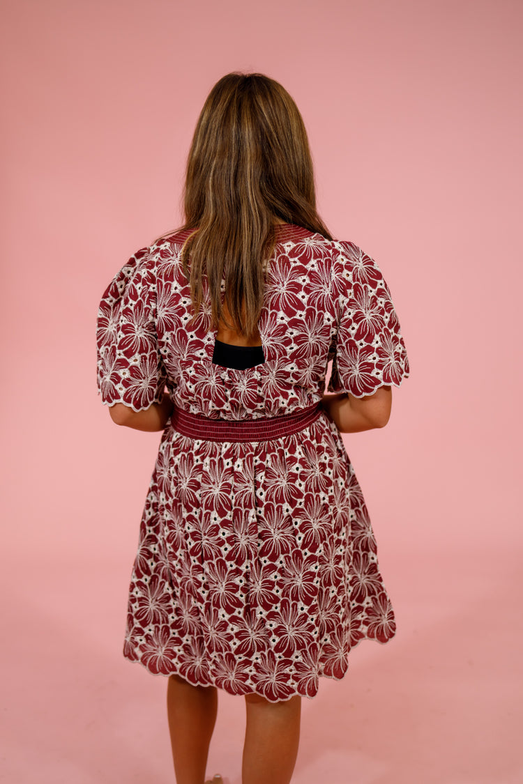 Wine Embroidered Floral Mini Dress Jaxe + Grace Boutique