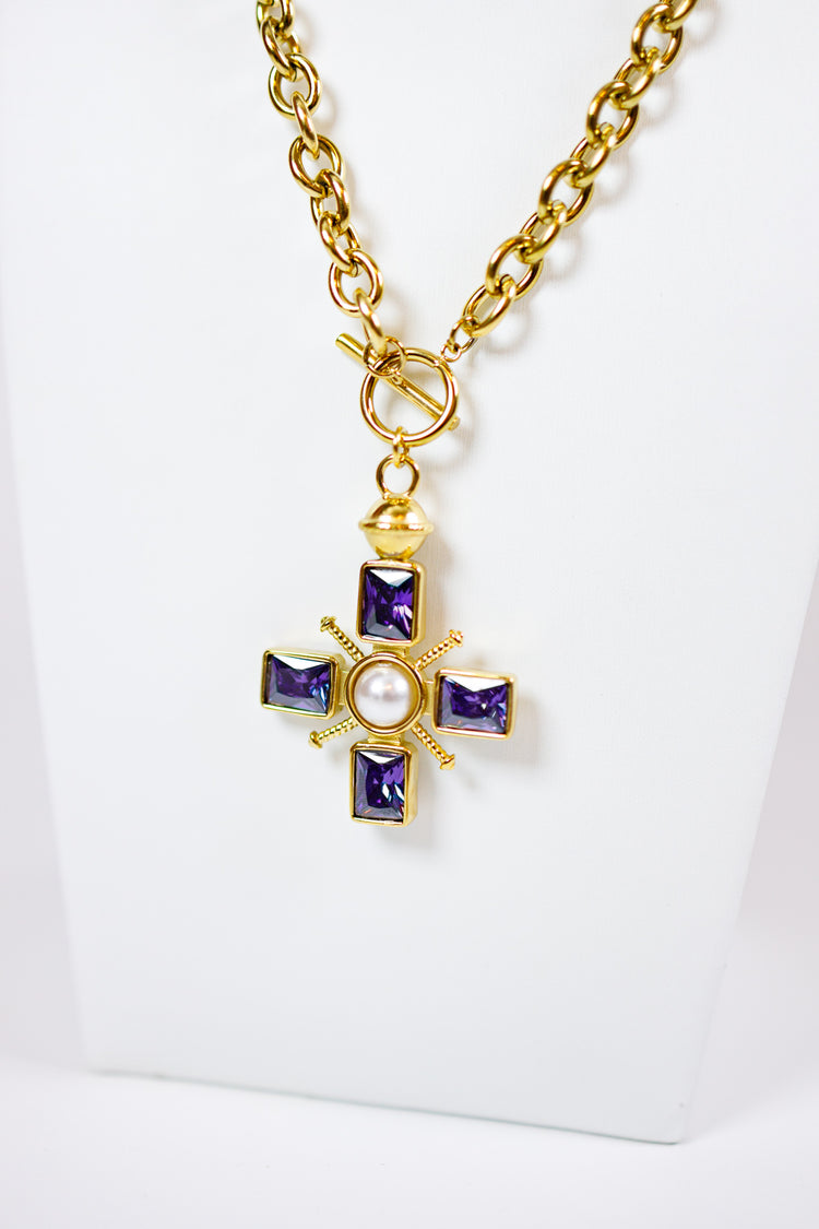 HD Purple Jewel & Pearl Cross Necklace