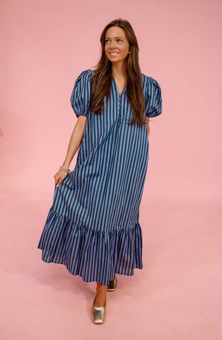 Blue and Green Stripe Puff Sleeve Midi Dress Jaxe + Grace Boutique