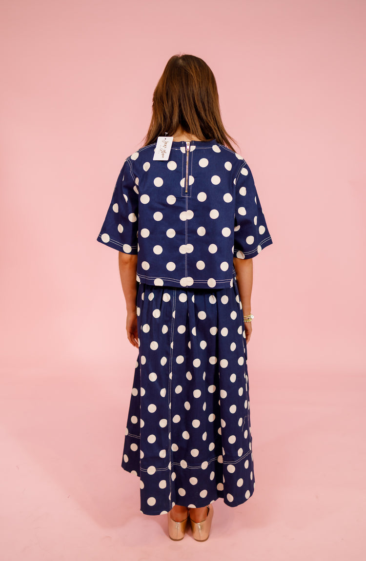 Navy Polka Dot Midi Skirt Set Jaxe + Grace Boutique