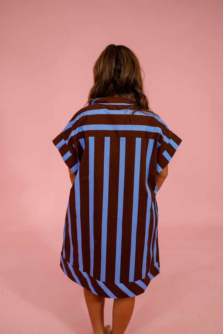 Blue and Brown Vertical Stripe Dress Jaxe + Grace Boutique