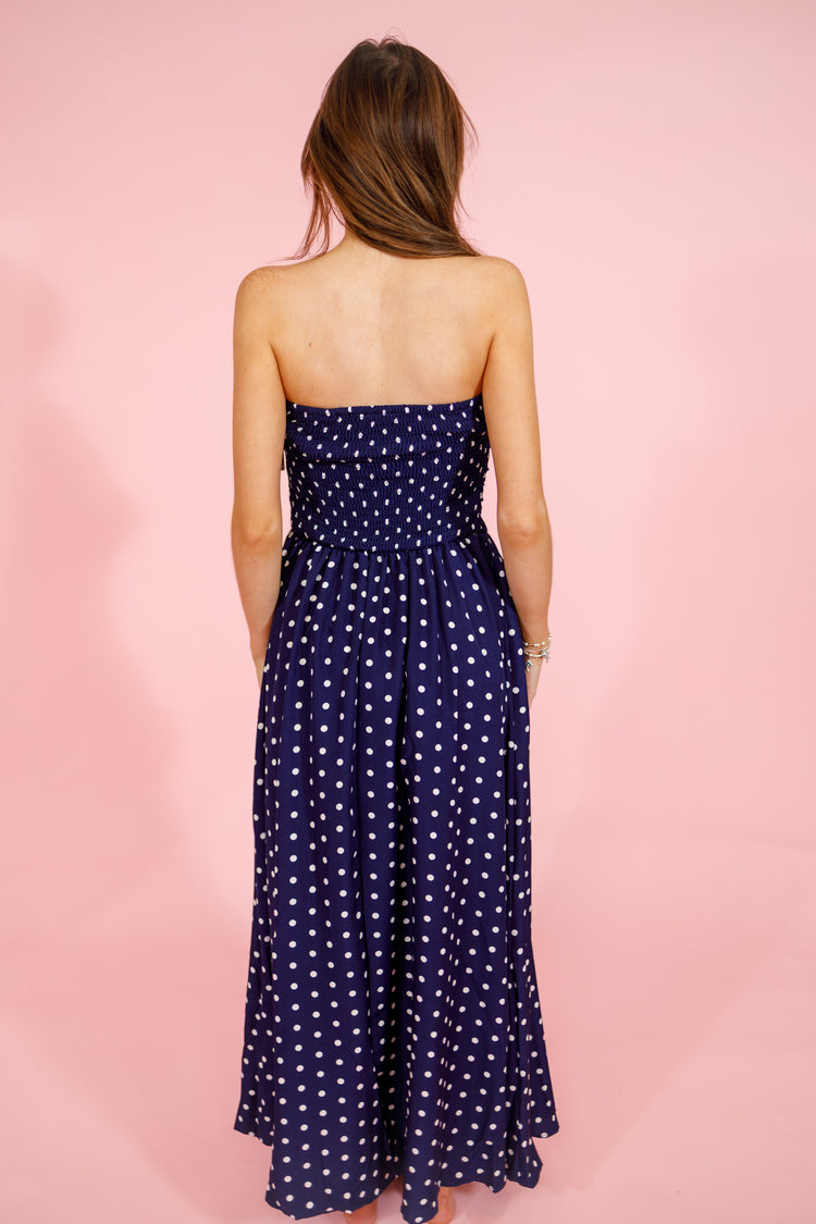 Navy Strapless Polka Dot Dress Jaxe + Grace Boutique