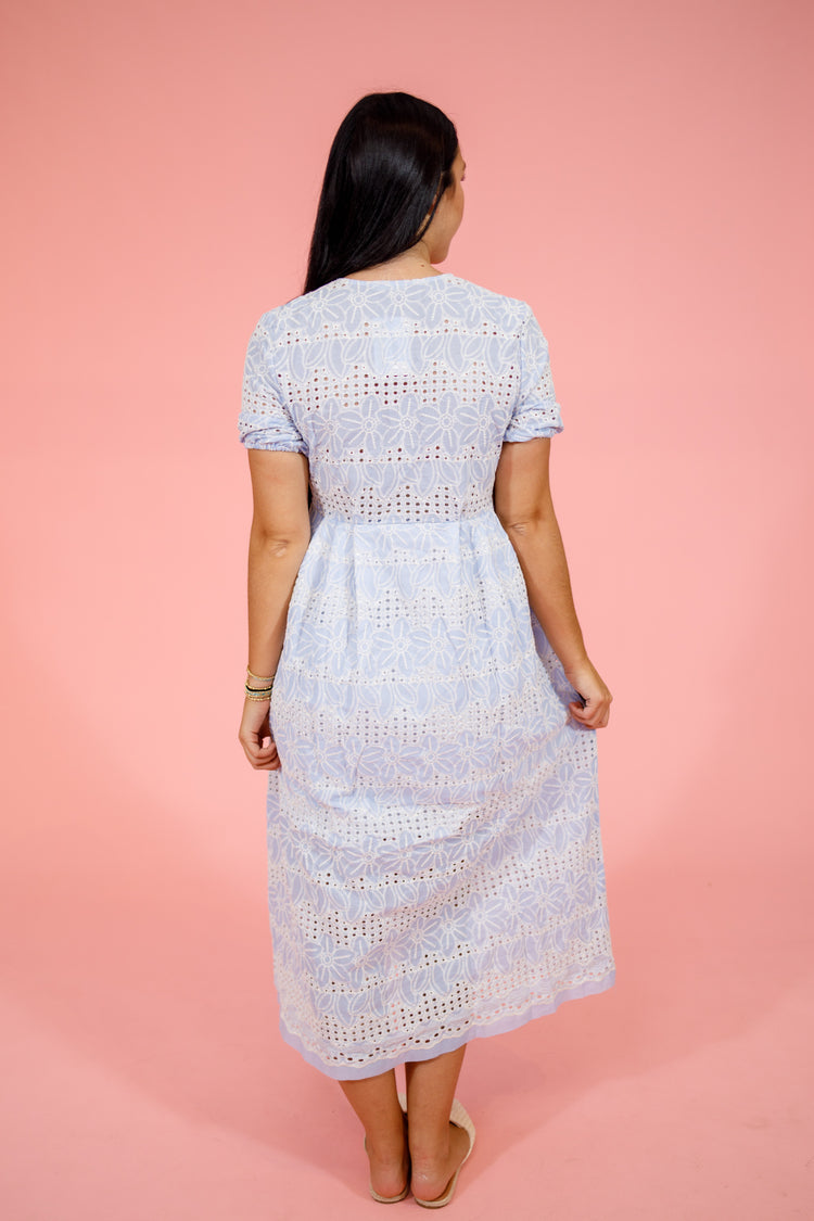 Blue Flower Embroidered Eyelet Midi Dress