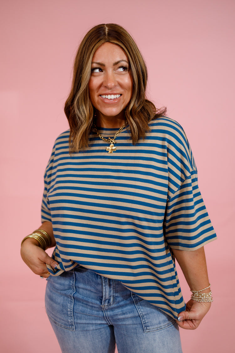 Blue and Tan Striped Boxy Top Jaxe + Grace Boutique