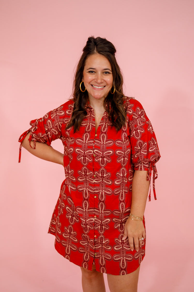 Brick Printed Pattern Tie Sleeve Dress Jaxe + Grace Boutique