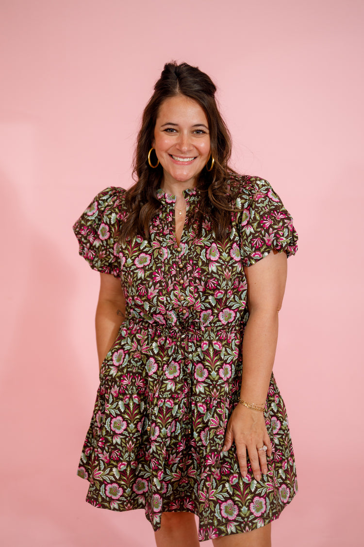 Brown Floral Drawstring Waist Dress Jaxe + Grace Boutique
