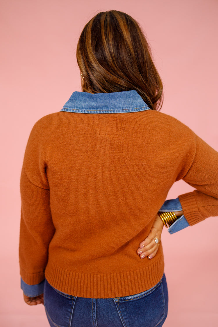 Mocha and Denim Collar Pullover Top Jaxe + Grace Boutique