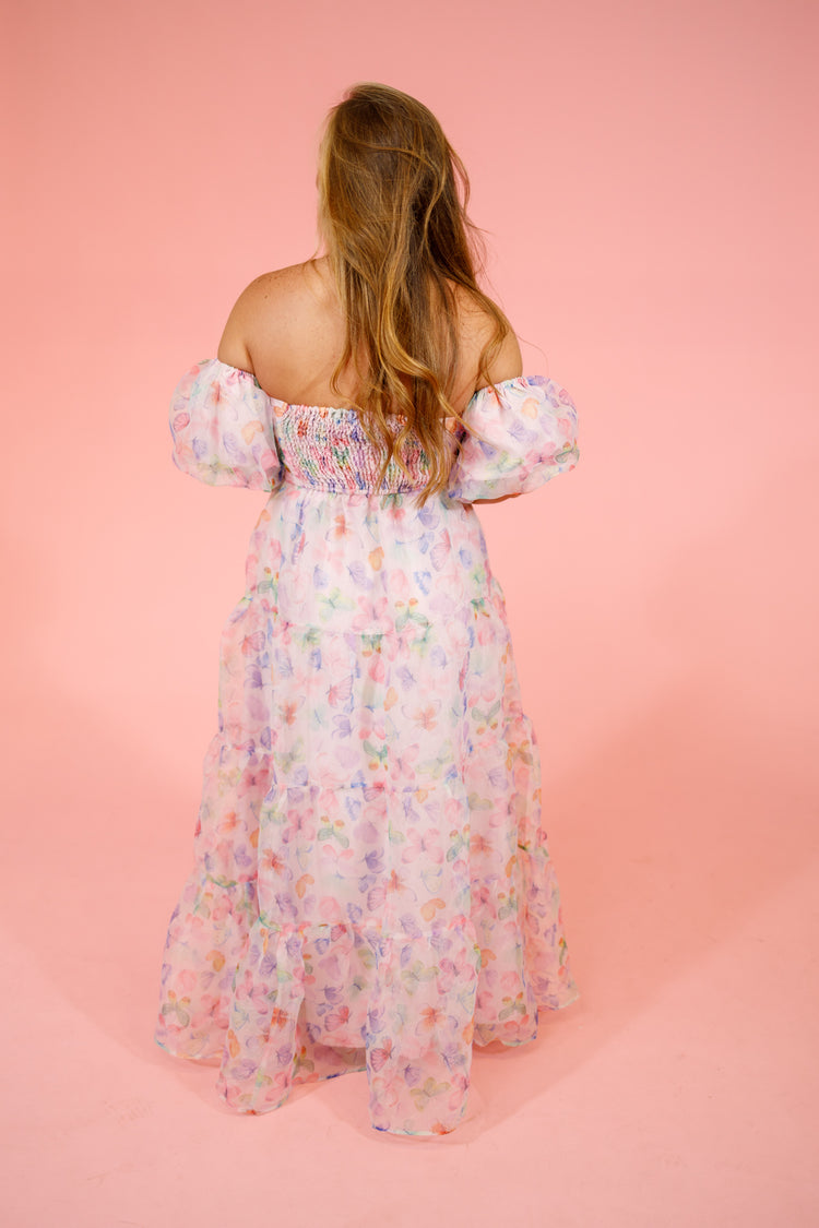 Butterfly Tulle Puff Sleeve Maxi Dress