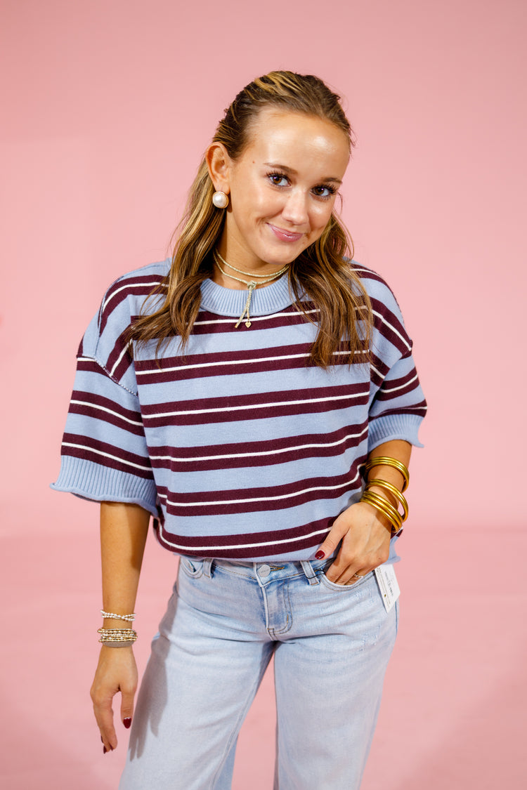 Blue and Brown Stripe Boxy Sweater Top Jaxe + Grace Boutique