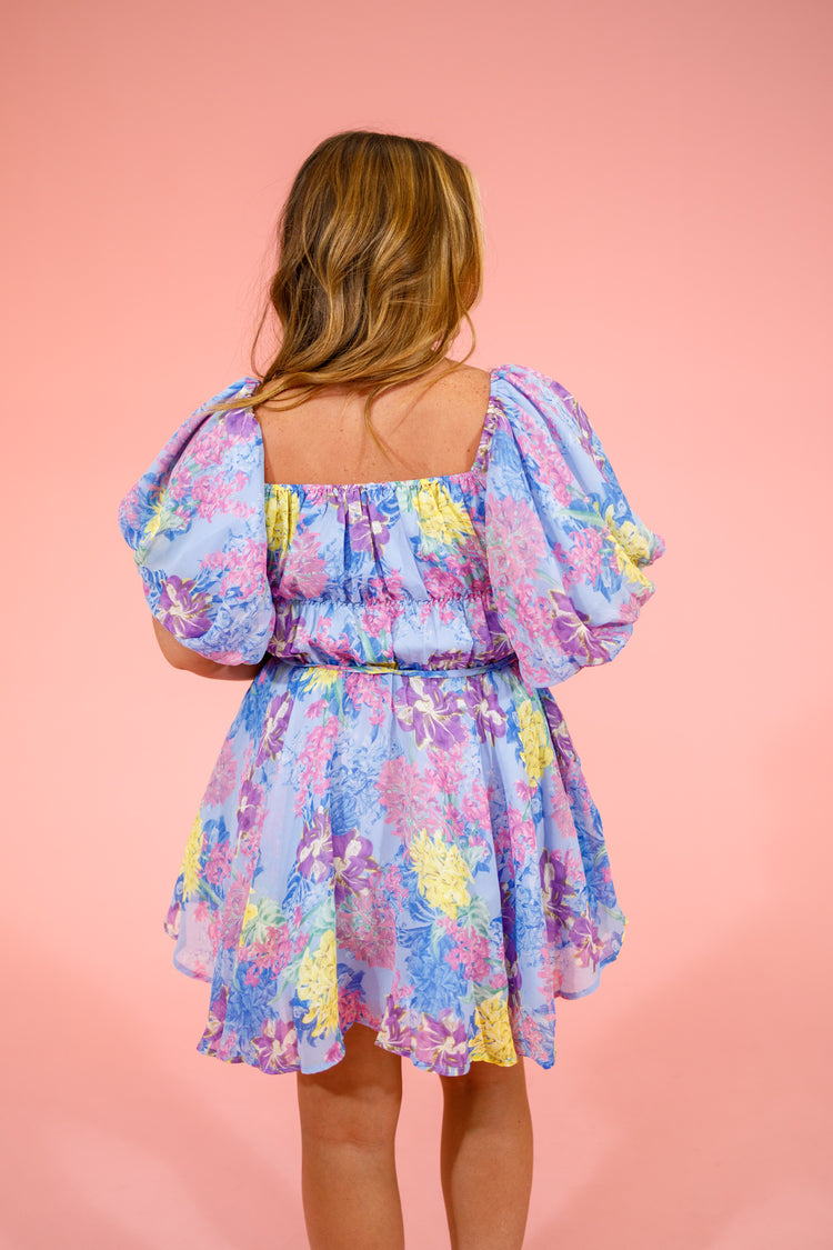 Multi Floral Bubble Sleeve Dress