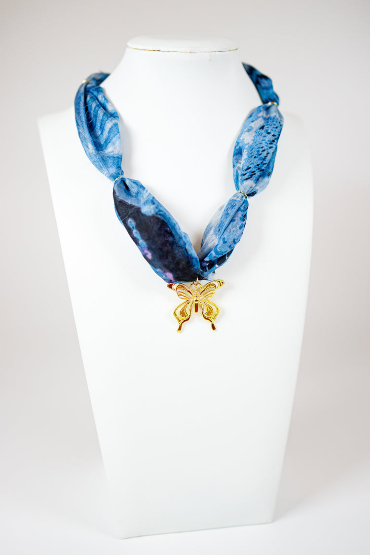 HD Navy Tie Dye Butterfly Scarf Necklace