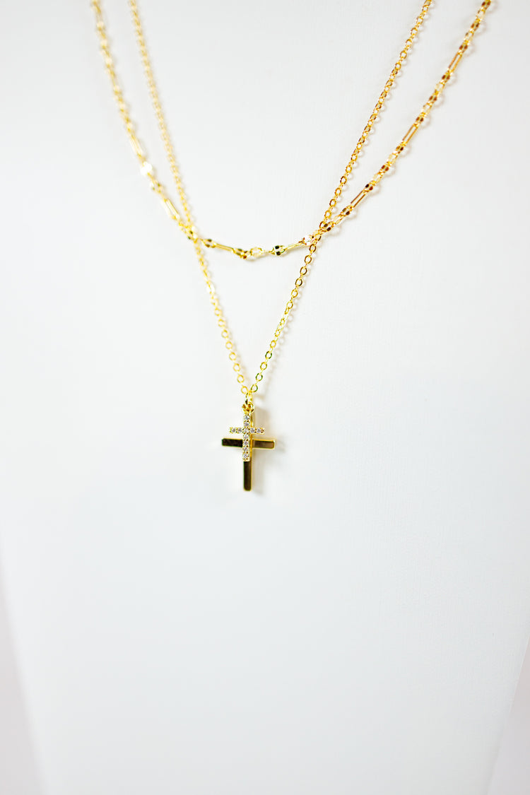 Layered Pave CZ & Cross Pendant Necklace