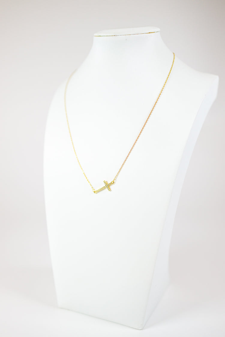 Sideways Pave CZ Cross Necklace