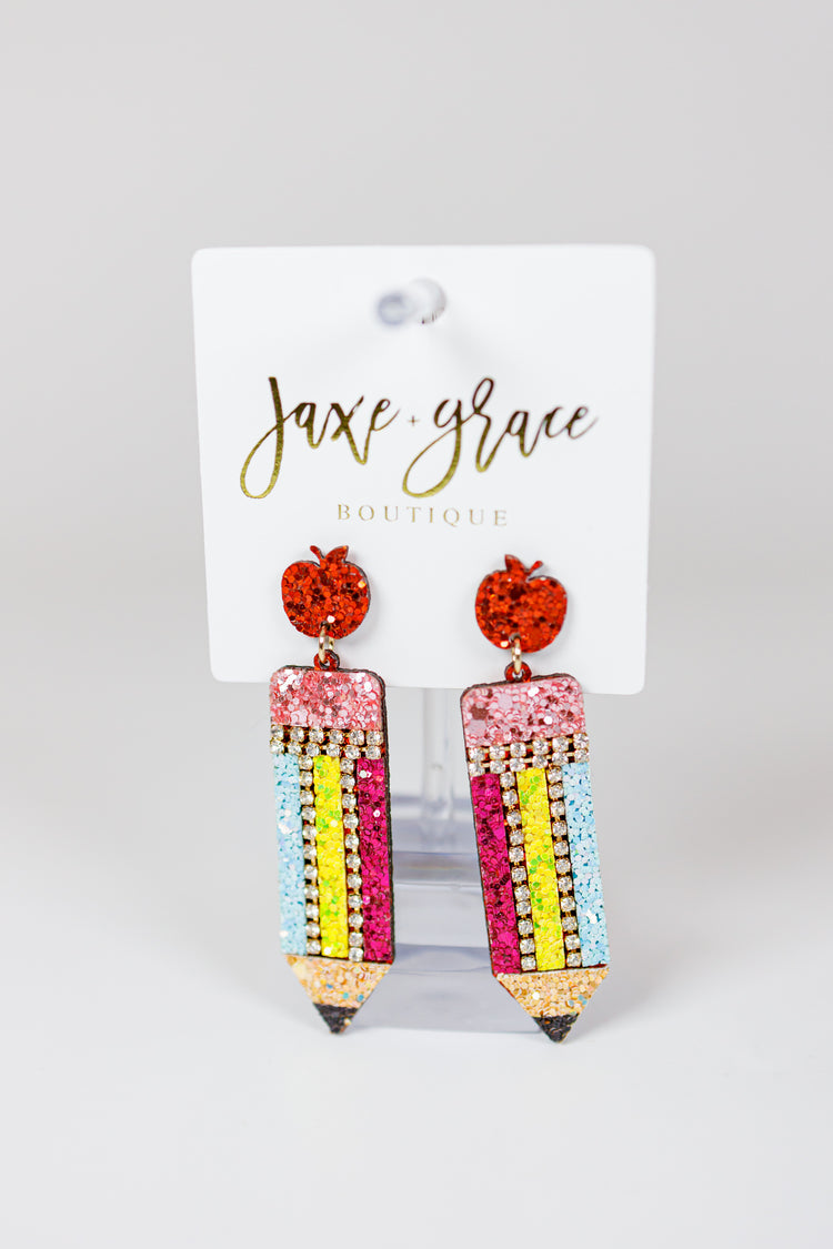 Pencil & Apple Glitter Earrings