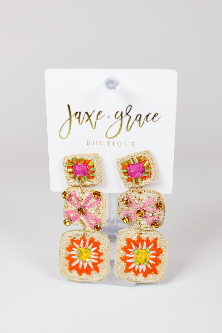 Embroidered Square 3 Drop Earrings