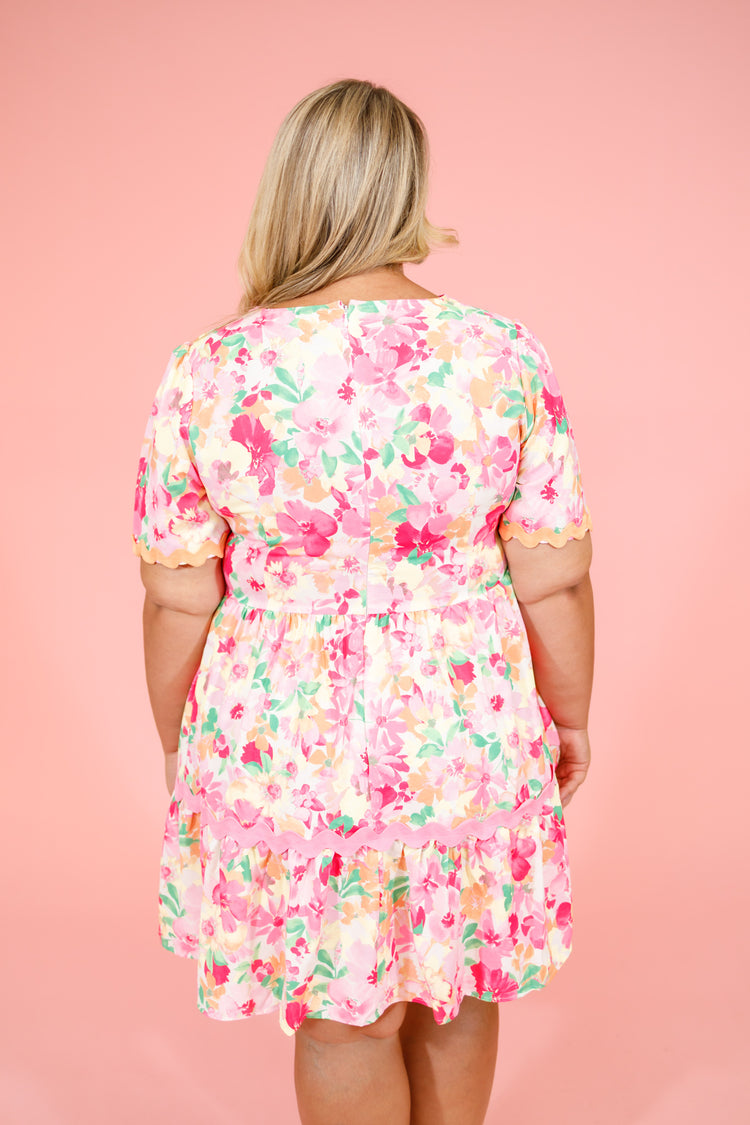 Pink Floral Trim Dress, S-3XL