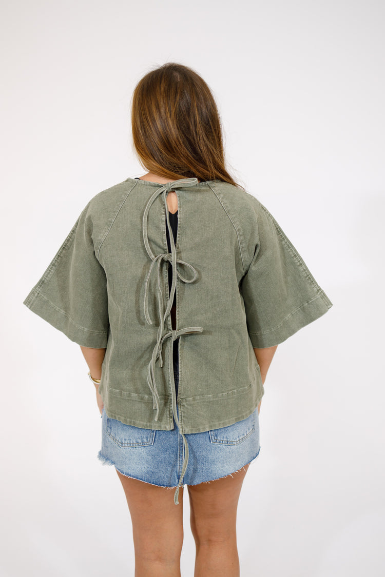 Ash Green Denim Back Tie Top