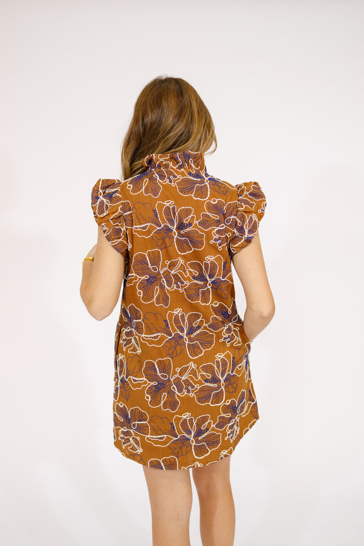Camel Floral Ruffle Embroidered Dress