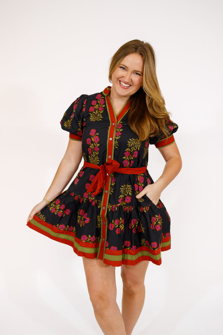 Black and Red Floral Bow Dress, S-2XL