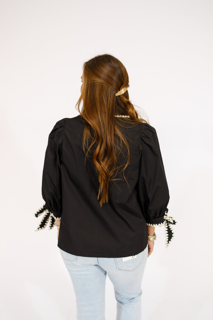 Black Scallop Trim Tie Cuff Top