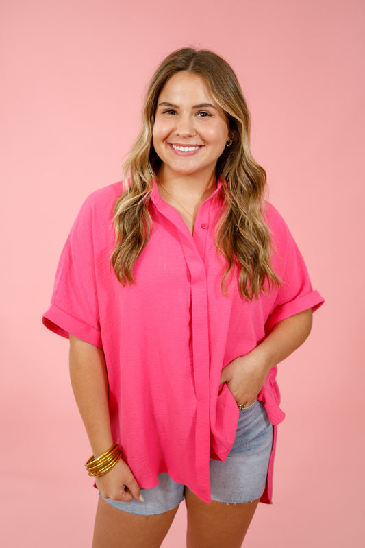Hot Pink Rolled Sleeve Collar Blouse