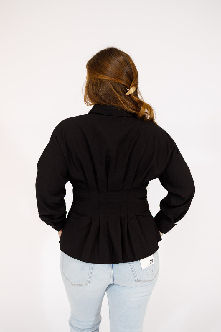 Black Pleated Button Top