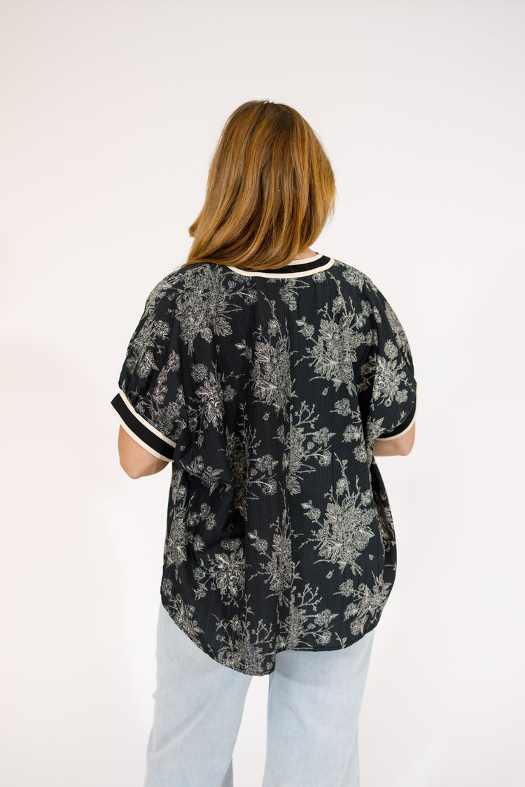Black Floral Stripe Band Top, S-2XL