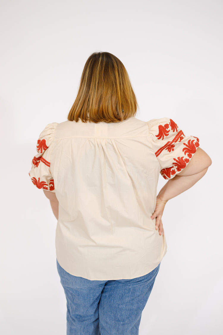 Curvy Beige Embroidered Bubble Sleeve Top