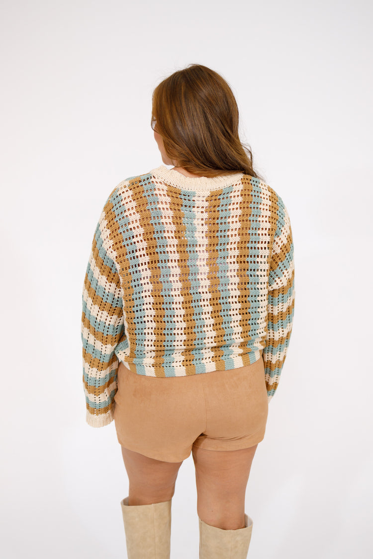 Camel and Sage Stripe Crochet Sweater