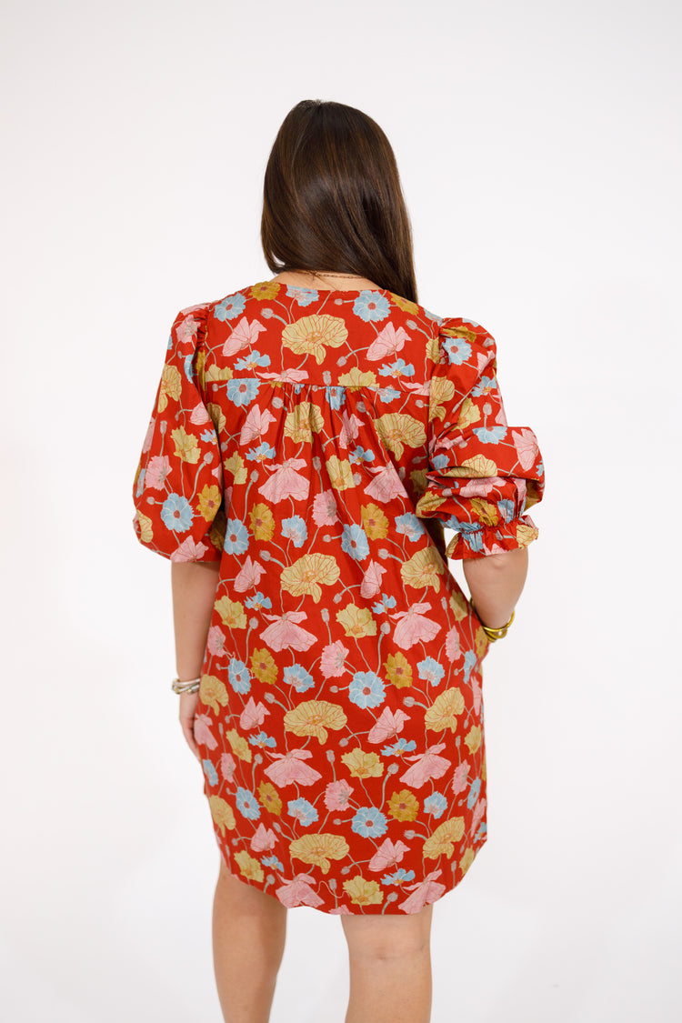 Brick Multi Floral Bubble Sleeve Dress