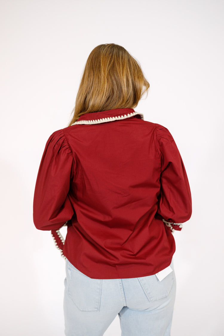 Burgundy Scallop Trim Tie Cuff Top