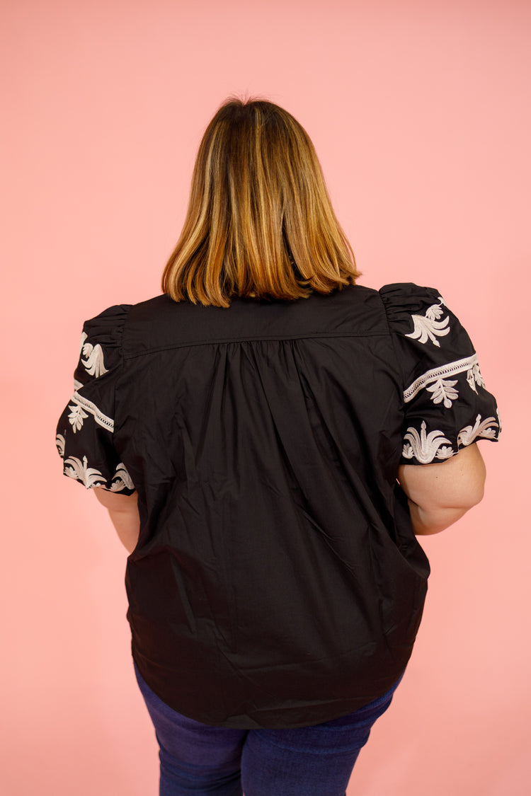 Curvy Black Embroidered Bubble Sleeve Top