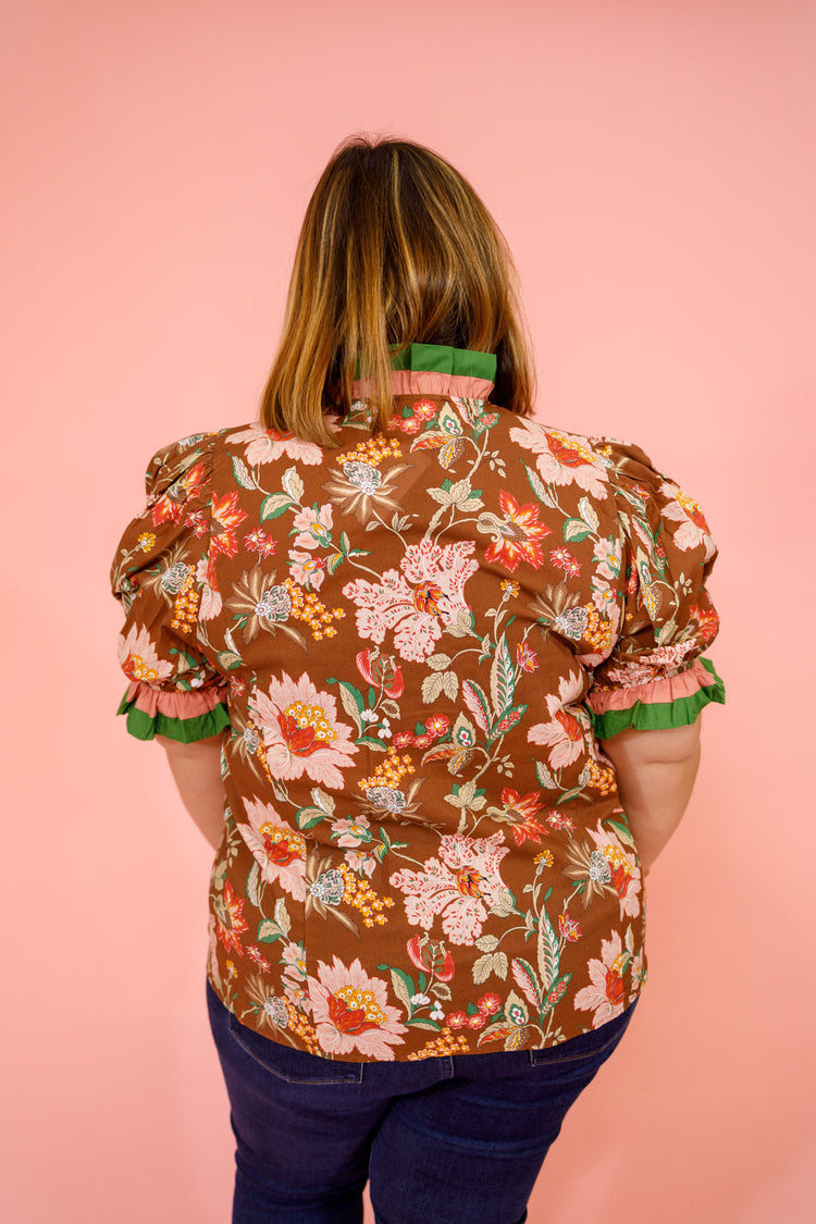Brown Floral Green Trim Top, S-2XL