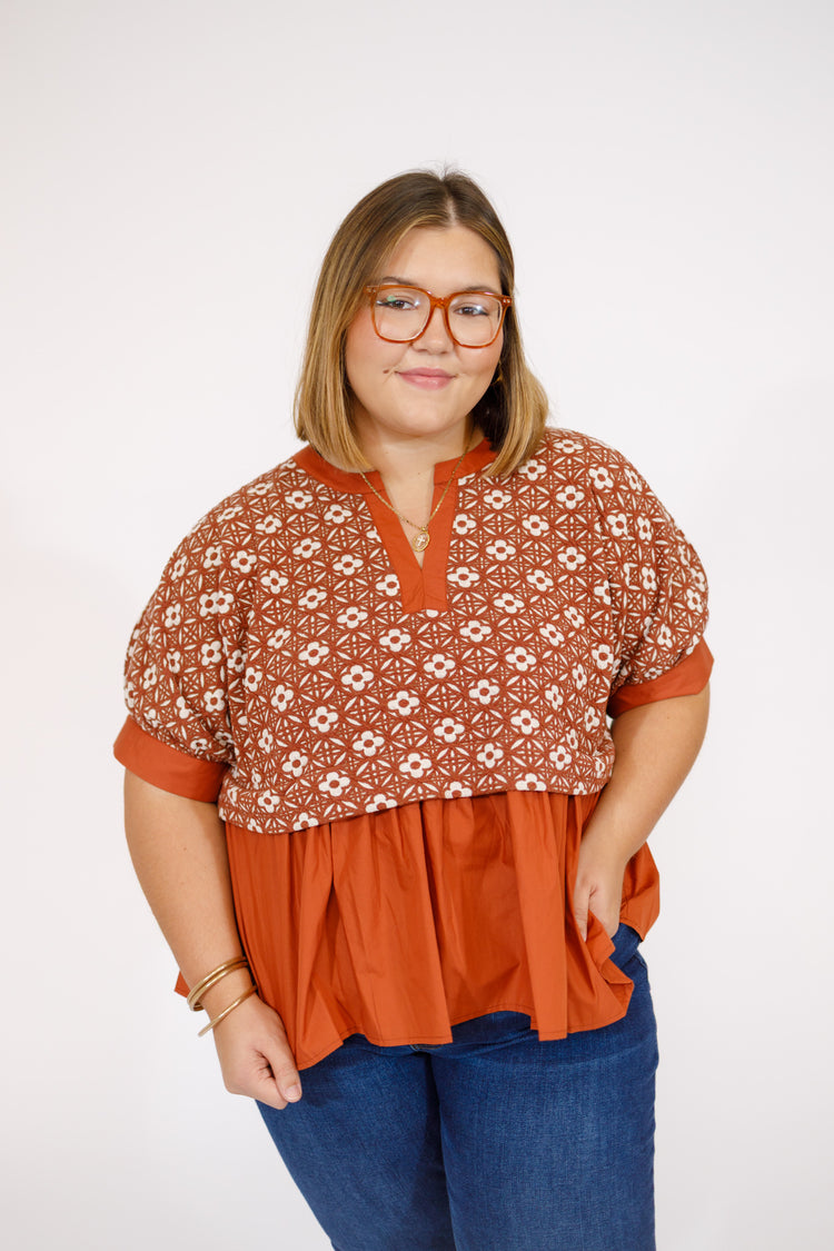 Rust Floral Peplum Top, S-2XL