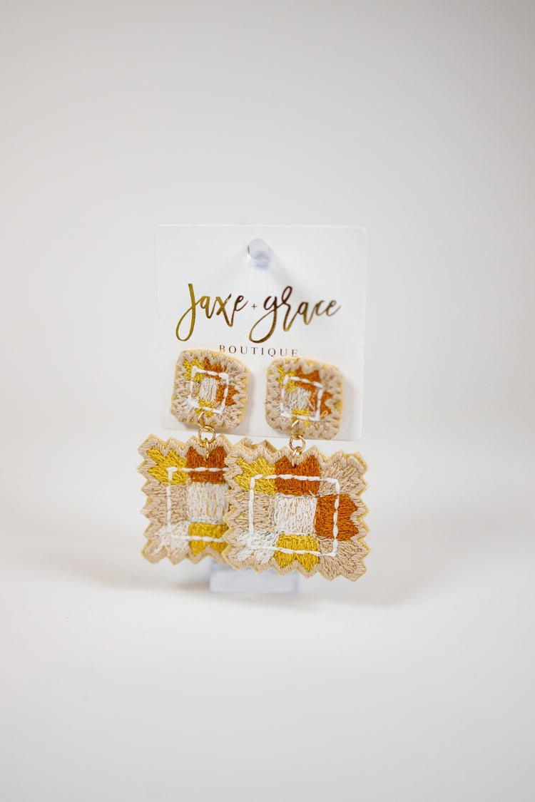 Embroidered Square Drop Earrings, VARIOUS