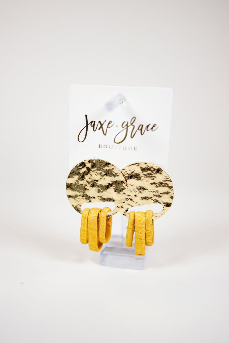 Hammered Disk Wrapped Raffia Oval Earrings