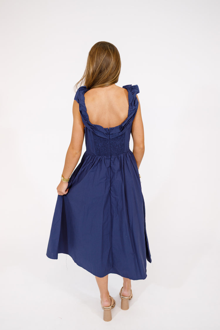 Navy Pleated Button Dress