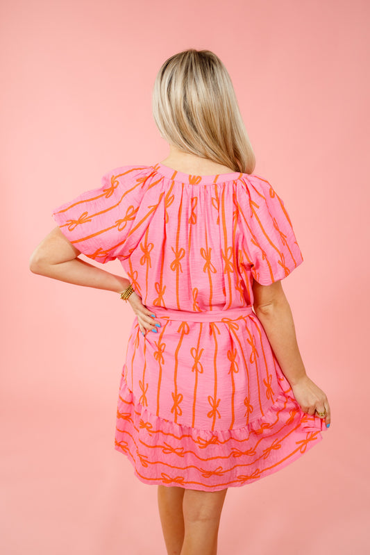 Pink and Orange Bow Print Dress