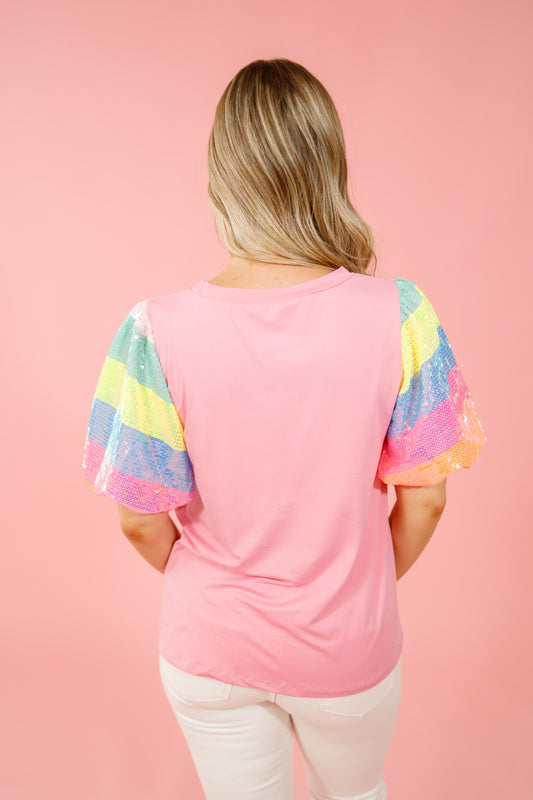 Pink Sequin Stripe Sleeve Top