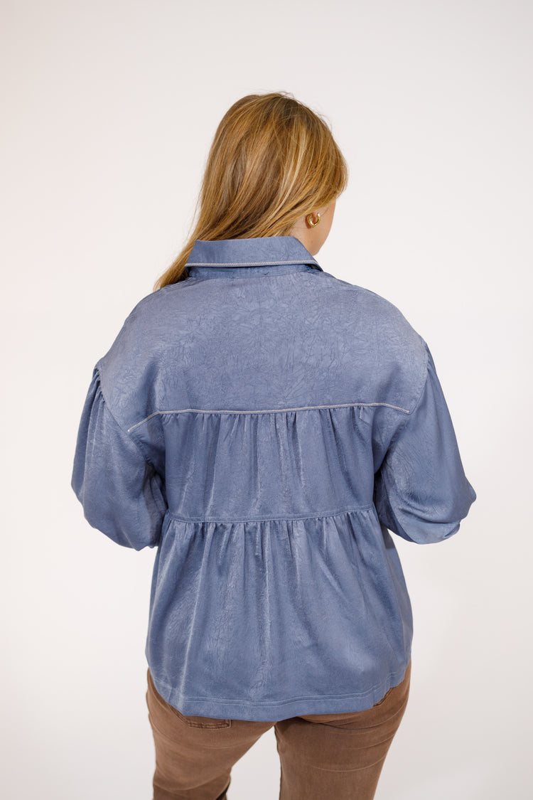 Navy Crinkle Satin Top